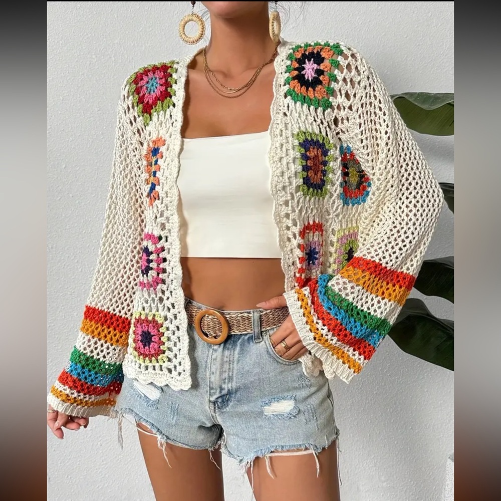 Cream Crochet Open Cardigan with Multicolor Stripes